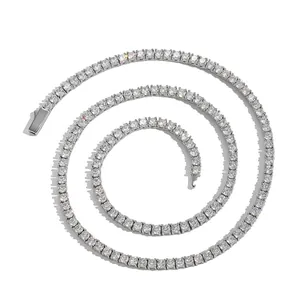 Detailed view of silver tennis chain with brilliant round cubic zirconia and safety clasp