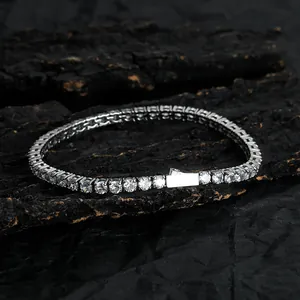 Close-up of silver tennis chain bracelet with clear round zircon and rectangle buckle