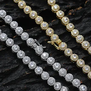 Hiphop Iced Out Tennis Chain Necklace Bracelet Copper Zirconia Round Cluster Link Jewelry For Men Women Gold Silver Finish