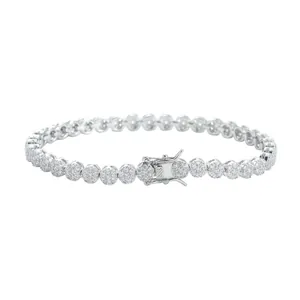 Macro shot of 5mm silver tennis bracelet with round cubic zirconia and secure box clasp