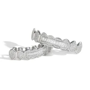 Ensemble grillz hip hop avec pierres de zircone cubique brillantes et placage argent