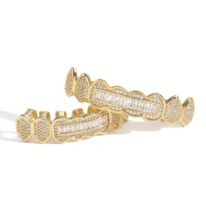 Ensemble Grillz plaqué or hiphop avec pierres de zircone cubique rondes et baguette