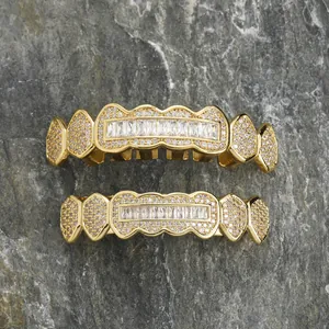 Bijoux Dentaires Hip Hop Iced Out pour Hommes Femmes Cuivre Zircone Haut Et Bas Grillz Plaqués Or Argent Bouche