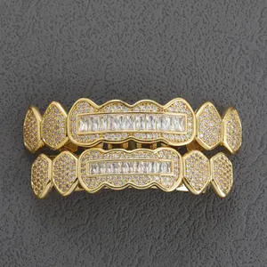 Détails de grillz hip hop plaqués or sertis de pierres de zircone cubique