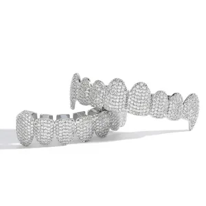 Hip-hop silver tone iced out dental grillz set with shiny cubic zirconia stones