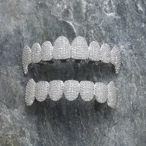 Hip Hop Iced Out Teeth Grillz Gold Silver Plated Copper Zirconia Top And Bottom Dental Grills For Performance Party Accessory