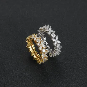 Hip Hop Copper Zirconia Flower Ring Gold Silver Plated Marquise Cut Full Eternity Zircon Ring For Women Banquet Party Jewelry