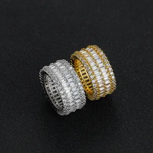Luxury hip-hop men's gold and silver rings with rectangular and round cubic zirconia
