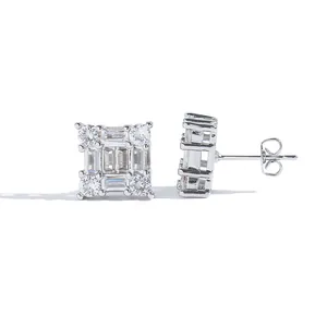 Square stud earrings with round and baguette zircon crystals in silver-tone metal