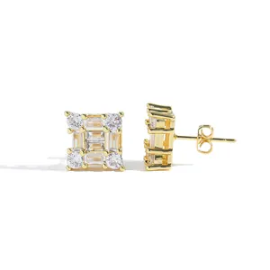 Detailed close-up of square zircon stud earrings with gold plating and butterfly back