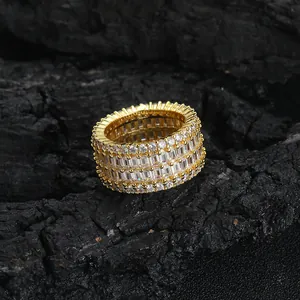 Hip hop gold plated ring featuring multi-row clear cubic zirconia stones for men