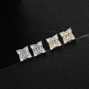 Square zircon stud earrings in silver and gold finishes with rectangular and round stones