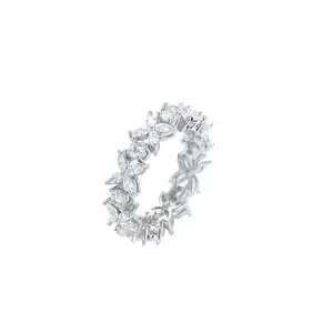 Detailed view of silver flower ring with marquise-cut marquise white zircon stones