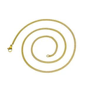Top view of a gold-plated 2mm Cuban chain arranged in a spiral with a secure lobster clasp