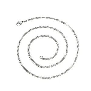 Detail of 2mm silver stainless steel Cuban chain necklace with secure lobster clasp