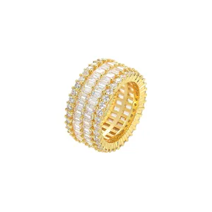 Detailed view of hip hop gold ring featuring mixed round and baguette zircon setting