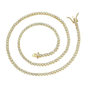 Golden 2mm bezel set tennis necklace with sparkling round zircons in spiral display
