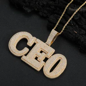 Gold CEO hip hop pendant necklace with pavé crystals on a rope chain for men and women