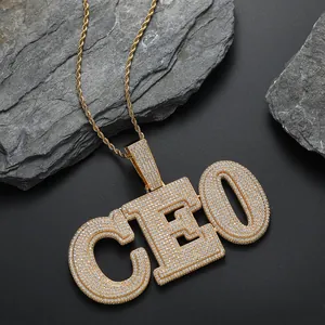 Hip hop gold rope chain with iced out CEO letter pendant paved in sparkling zircons