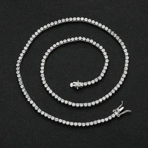 Single row 2mm silver tennis necklace with bezel set round zircons on black background