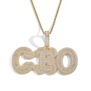 Close-up of hip hop CEO letter pendant with sparkling cubic zirconia on gold rope chain