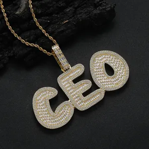 Hip hop gold plated CEO pendant necklace with cubic zirconia stones on rope chain