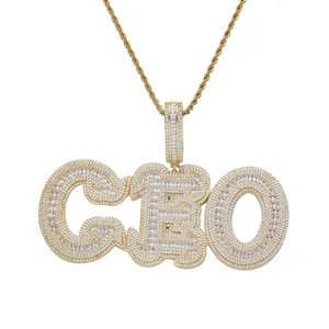 Hip hop CEO letter pendant necklace with gold plating and iced out cubic zirconia