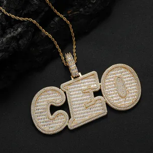 Hip Hop Iced Out Baguette Zirconia Initial Letter Pendant Necklace Copper Custom Splicing Jewelry Gold Silver Rose Gold Rope Chain For Men Women