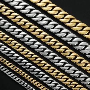 Polished stainless steel Cuban link chains for men in gold and silver, multiple widths