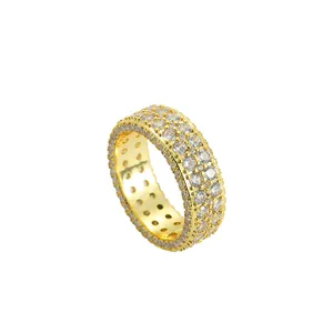 Anello hip hop 7,5mm placcato oro con tripla fila di zirconi cubici scintillanti