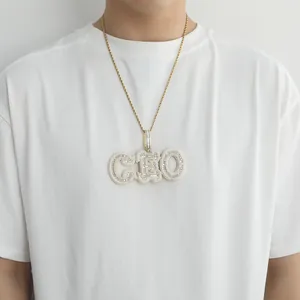 Hip hop CEO letter pendant necklace with sparkling cubic zirconia on gold rope chain