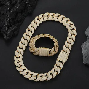 Goldenes 24mm Panzerketten-Set mit Halskette und Armband voll besetzt mit Zirkonia