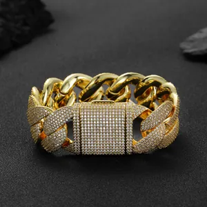 24mm breites vergoldetes Iced Out Panzerarmband mit Zirkonia Einlagen und Kastenverschluss