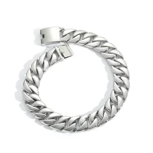 Detailed view of silver stainless steel Cuban link necklace with secure box clasp mechanism