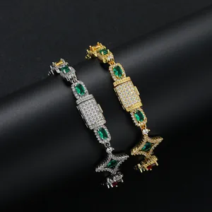 Bracciale tennis hip-hop con zirconi verdi rettangolari e placcatura in oro di lusso