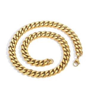 Macro detail of 12mm gold Cuban link chain with lobster clasp for hip hop style