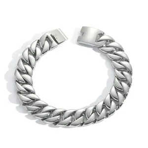 Polished silver stainless steel thick curb link Cuban bracelet for men with secure clasp