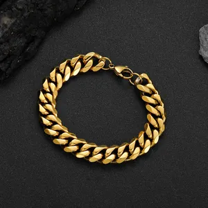 12mm golden stainless steel Cuban link bracelet with lobster clasp on black background