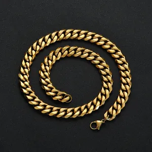 Polished 12mm golden stainless steel Cuban link chain necklace with lobster clasp