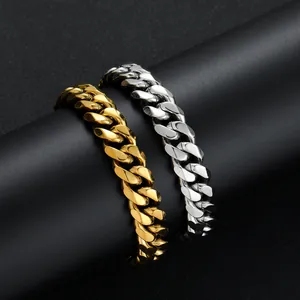 Classic 12mm hip hop curb link bracelet set in polished gold and silver stainless steel