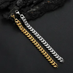 12mm stainless steel Cuban link bracelet set in gold and silver with lobster clasp