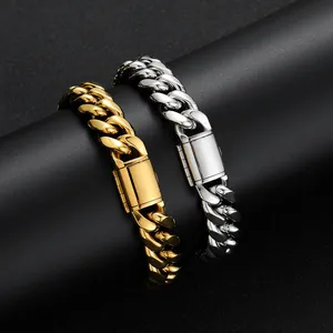 Pulseras de cadena cubana de 12mm en acero inoxidable oro y plata con cierre de caja