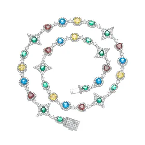Collana tennis con pietre preziose colorate, pavé di cristalli e maglie geometriche argento
