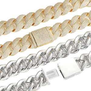 24mm schwere Gold-Cuban-Kette mit Zirkonia-Steinen und poliertem Silber-Finish