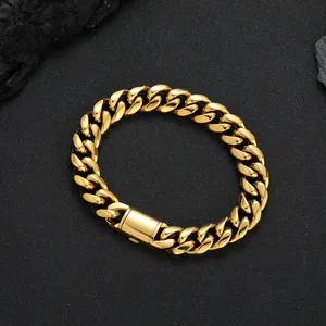 Pulsera de cadena Cuban 12mm de acero inoxidable chapado en oro para hombre con cierre
