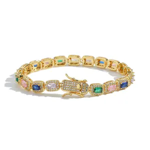 Detail of multi-color rectangular zircon stones with gold-plated double-lock clasp