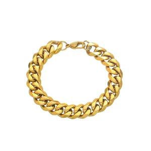 Detail of 12mm gold stainless steel Cuban link bracelet with lobster clasp closure