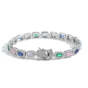 Detail of colorful rectangular zircon tennis bracelet with silver metal and secure clasp