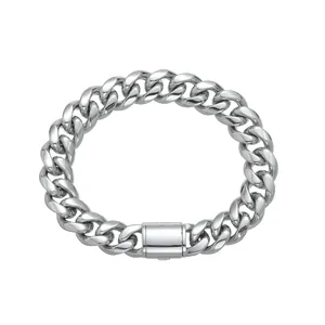 Pulsera de cadena cubana de 12mm en acero inoxidable pulido plateado con cierre de caja