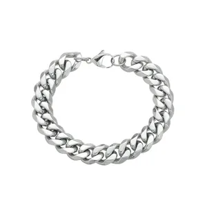12mm silver stainless steel Cuban link bracelet with lobster clasp for men and women